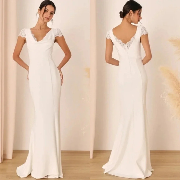 Lulu's Forever Beloved White Lace Cap Sleeve Mermaid Maxi Dress XL Wedding Bride - Picture 1 of 12